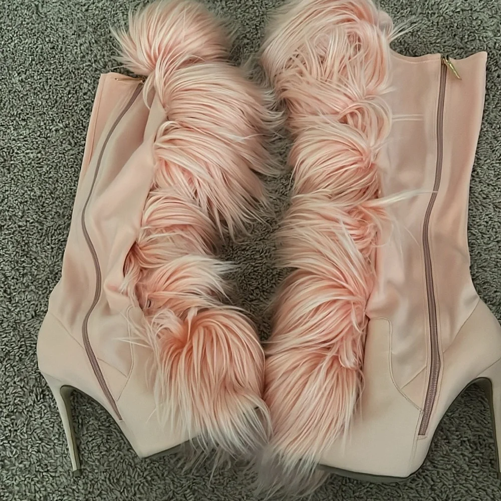 Faux-Fur Trim Over-the-Knee Stiletto Boots in Blush Pink Brand new. No box